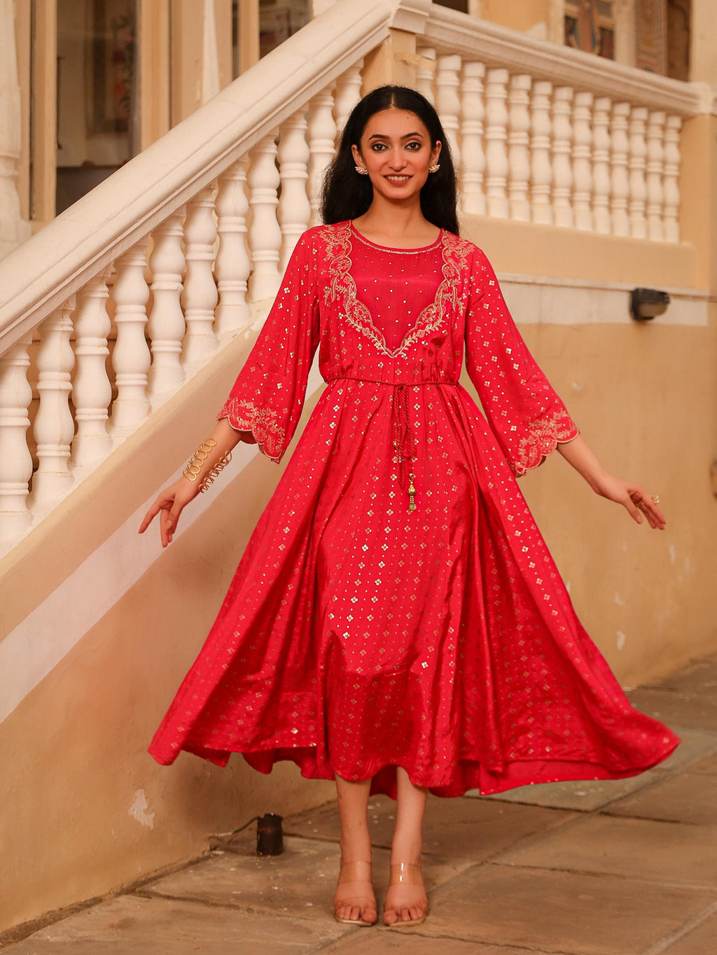 Juniper The Swarn Fuchsia Ethnic Motif Printed Viscose Dress With Dori & Zari Work