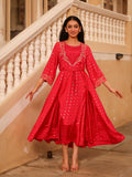 Juniper The Swarn Fuchsia Ethnic Motif Printed Viscose Dress With Dori & Zari Work