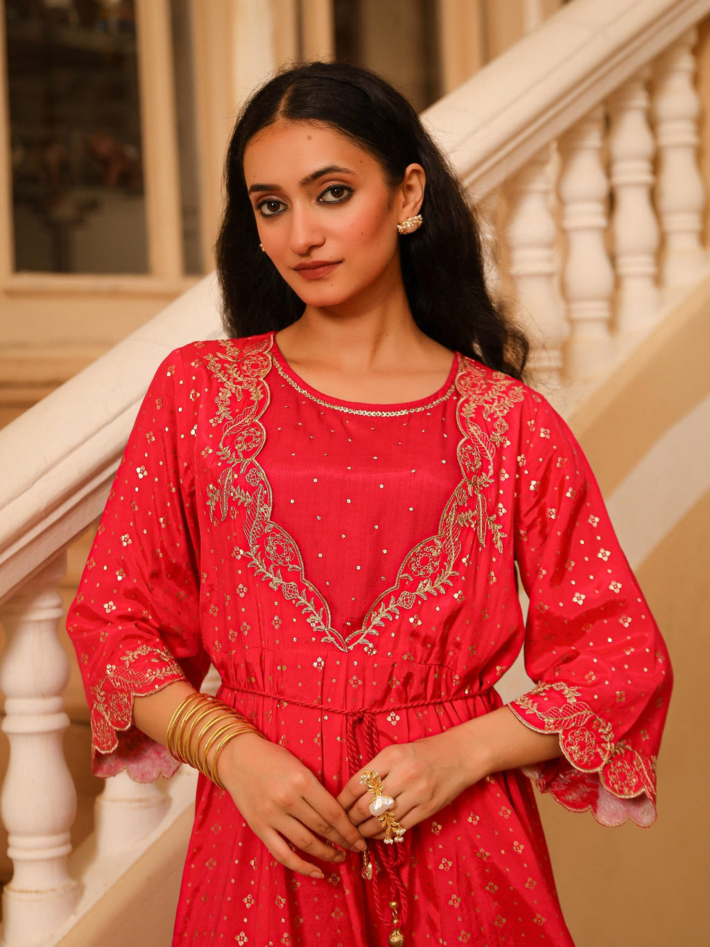 Juniper The Swarn Fuchsia Ethnic Motif Printed Viscose Dress With Dori & Zari Work