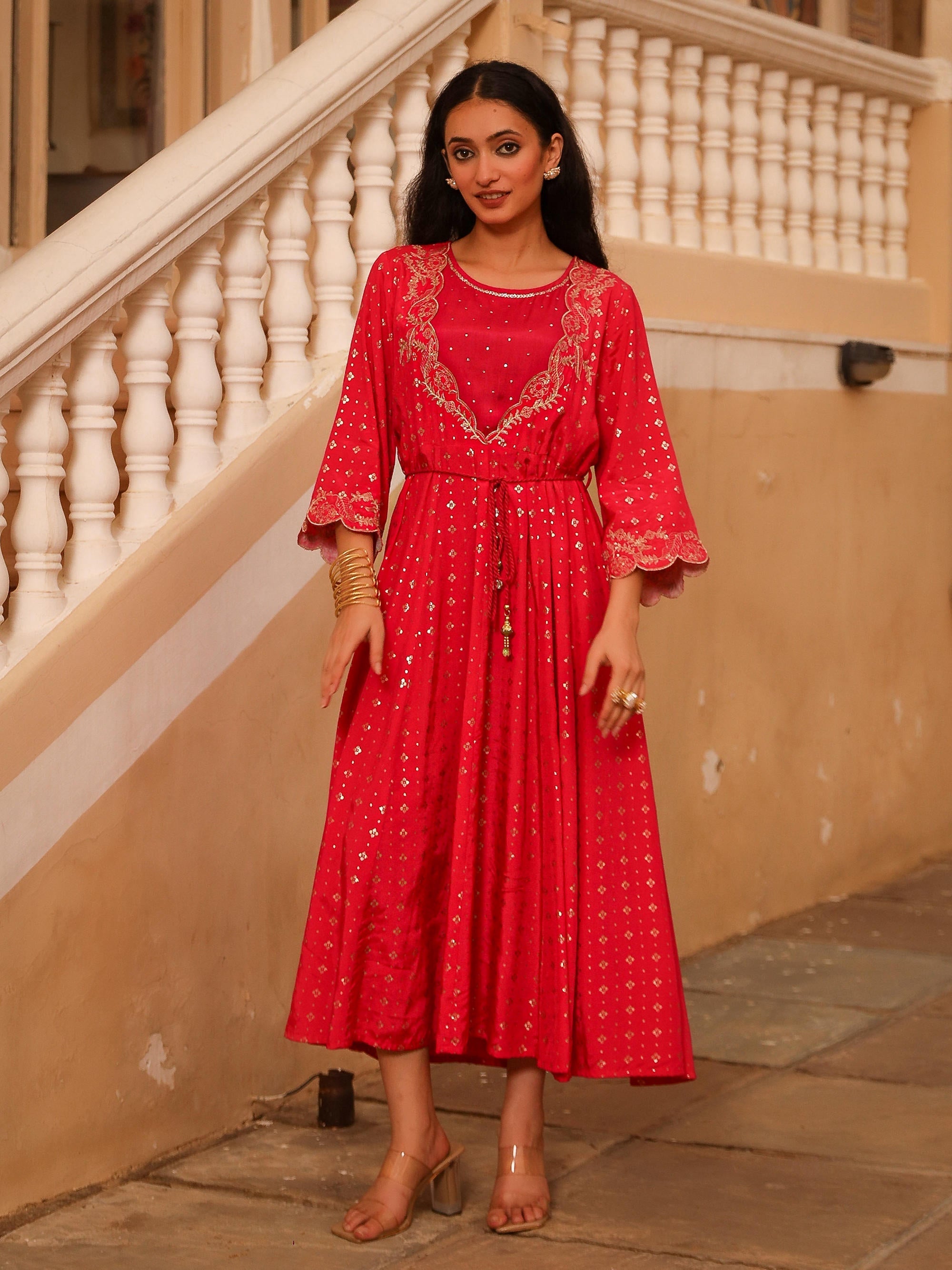 Juniper The Swarn Fuchsia Ethnic Motif Printed Viscose Dress With Dori & Zari Work