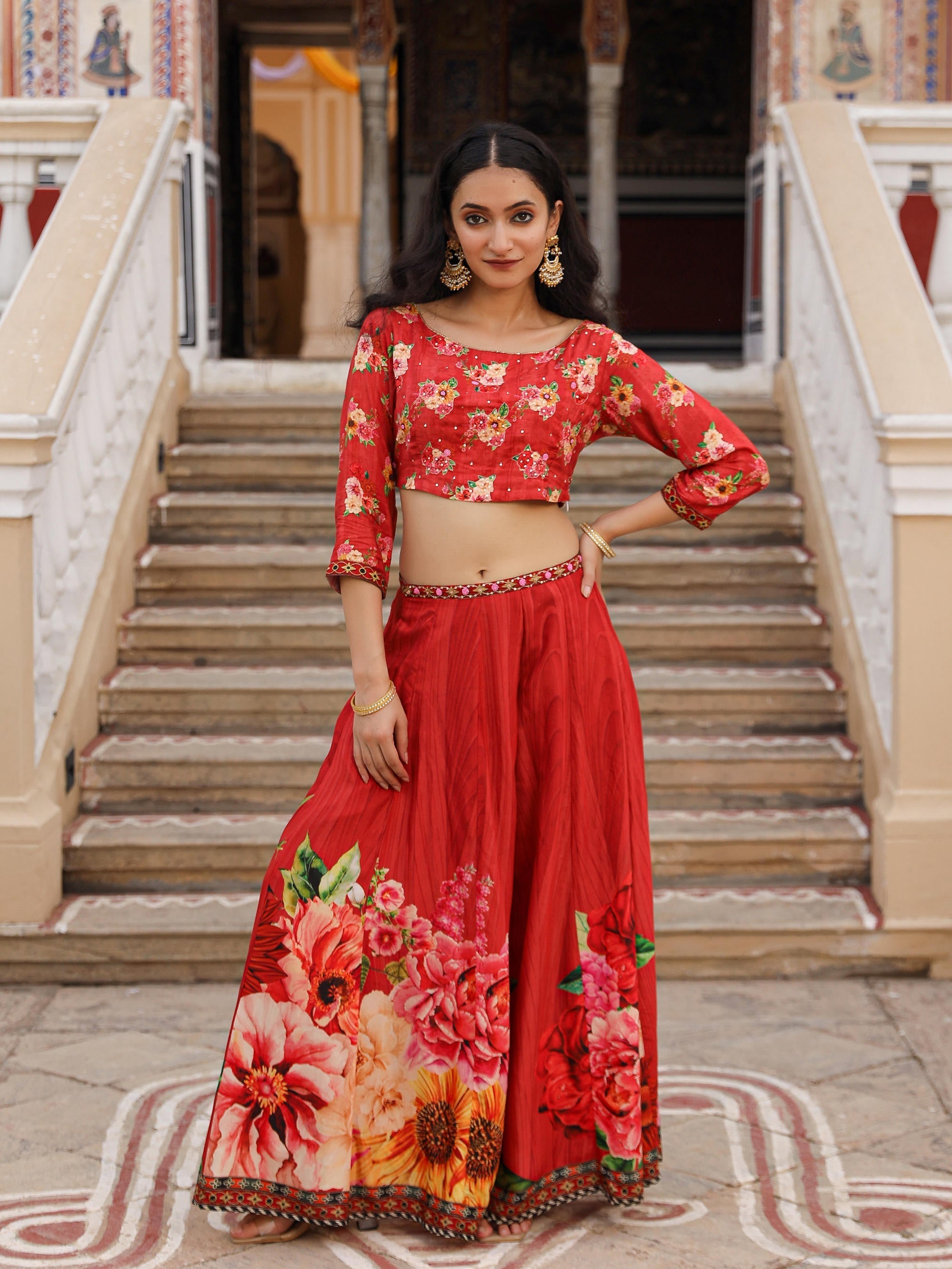 Juniper The Adah Rust Floral Printed Viscose Top & Skirt Set With Sequins & Thread Work