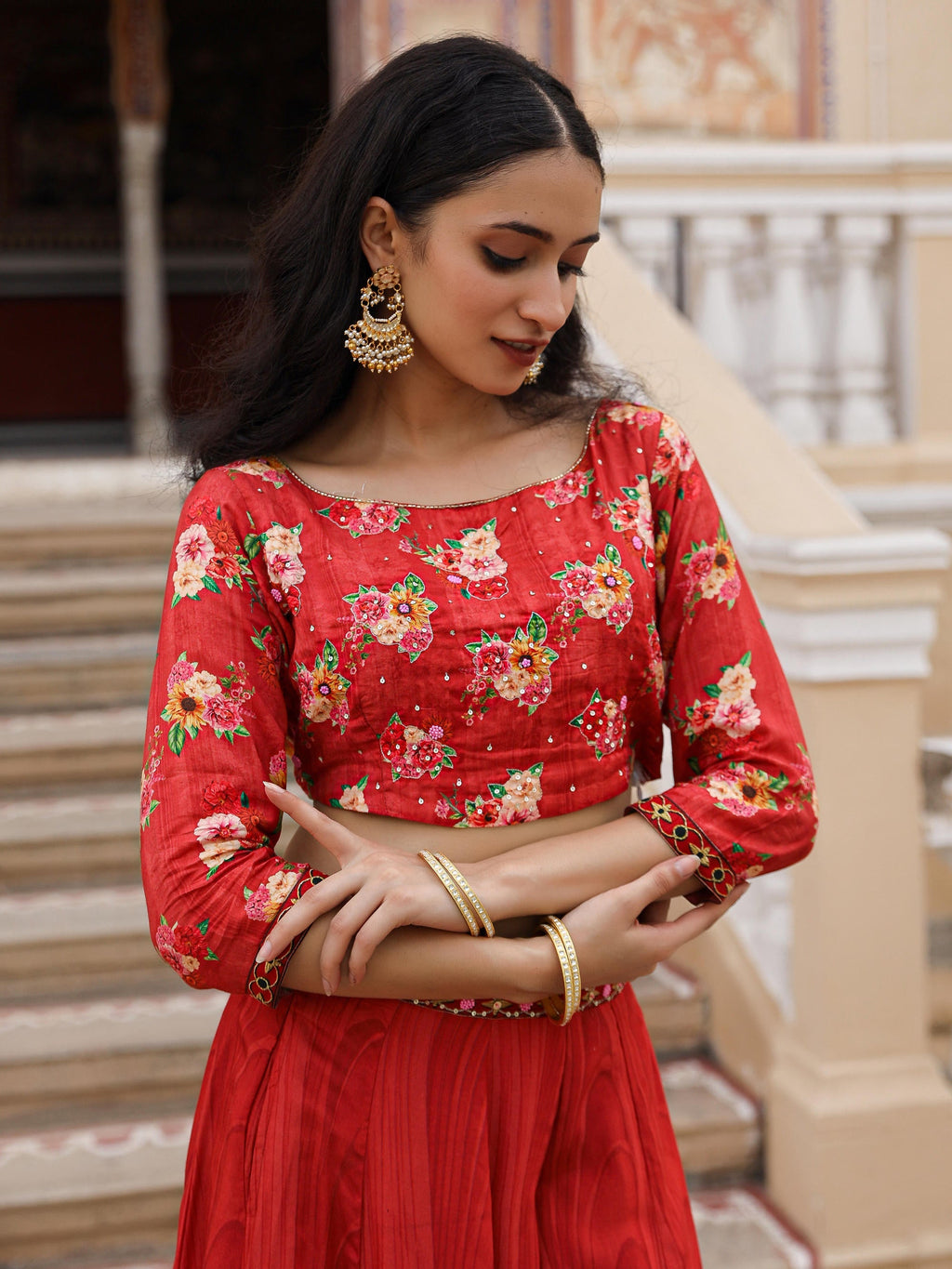 Juniper The Adah Rust Floral Printed Viscose Top & Skirt Set With Sequins & Thread Work