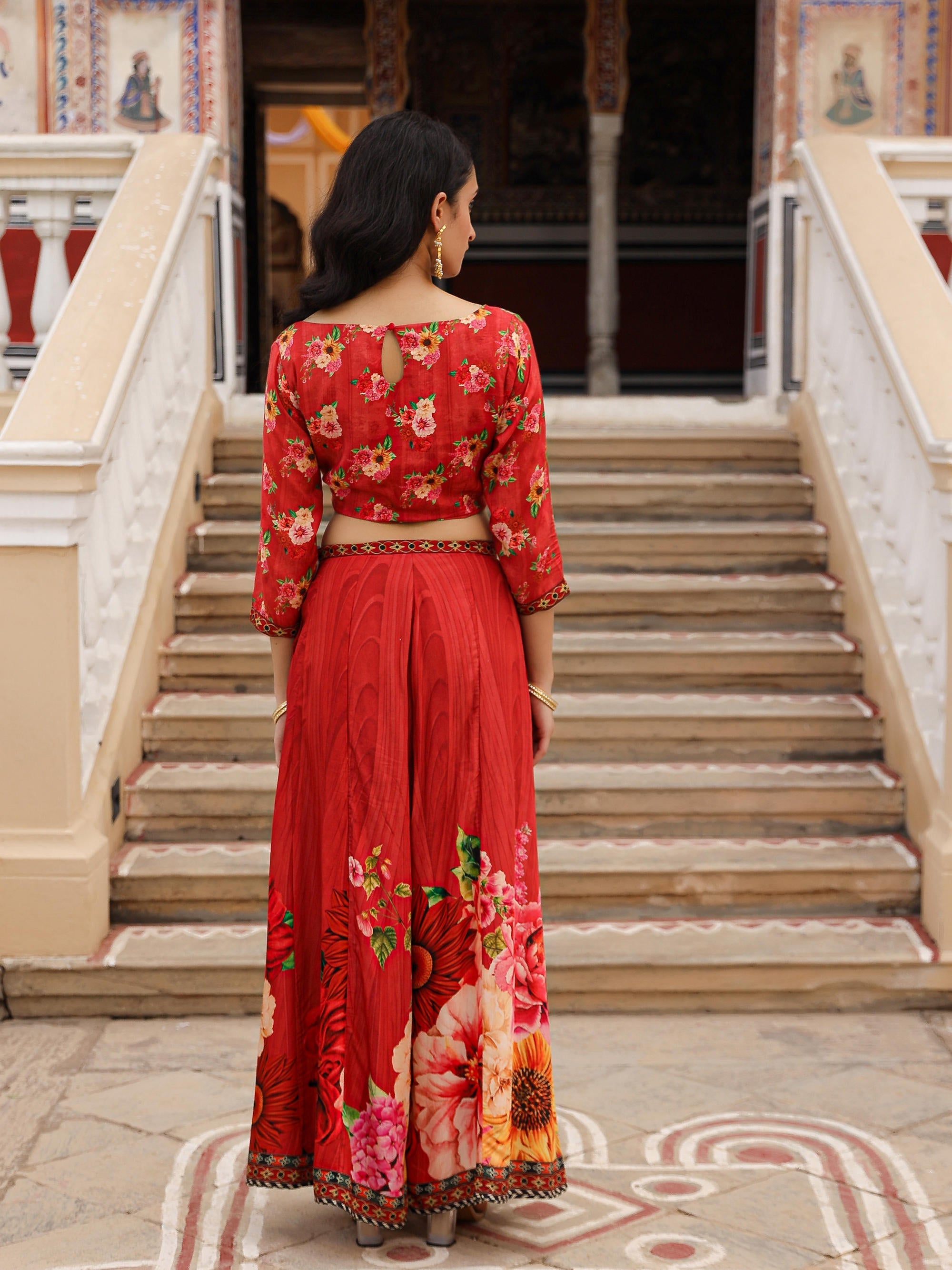 Juniper The Adah Rust Floral Printed Viscose Top & Skirt Set With Sequins & Thread Work