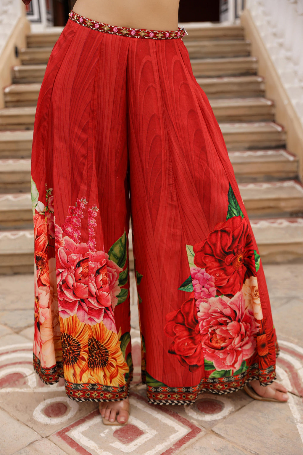 Juniper The Adah Rust Floral Printed Viscose Top & Skirt Set With Sequins & Thread Work