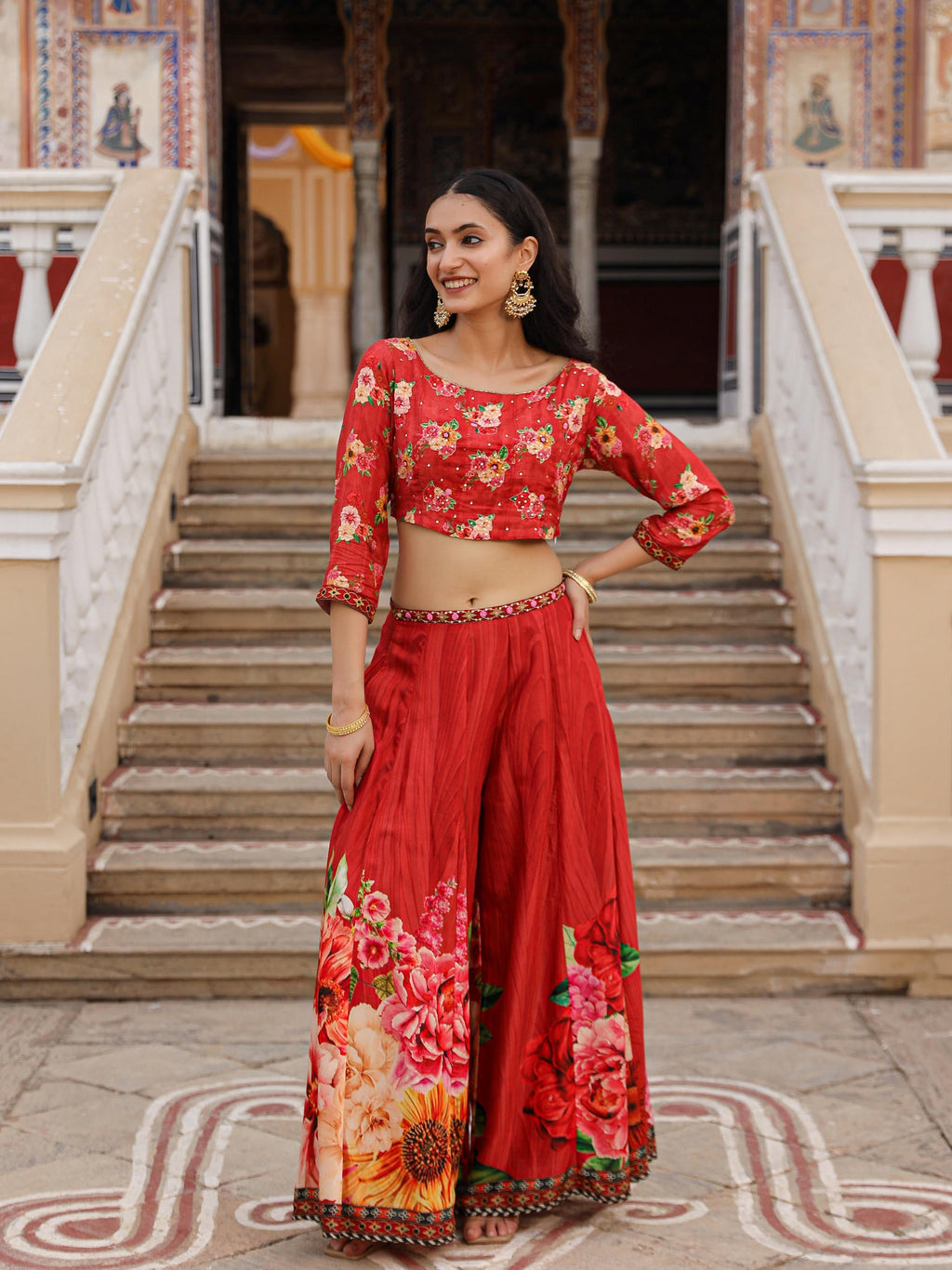 Juniper The Adah Rust Floral Printed Viscose Top & Skirt Set With Sequins & Thread Work