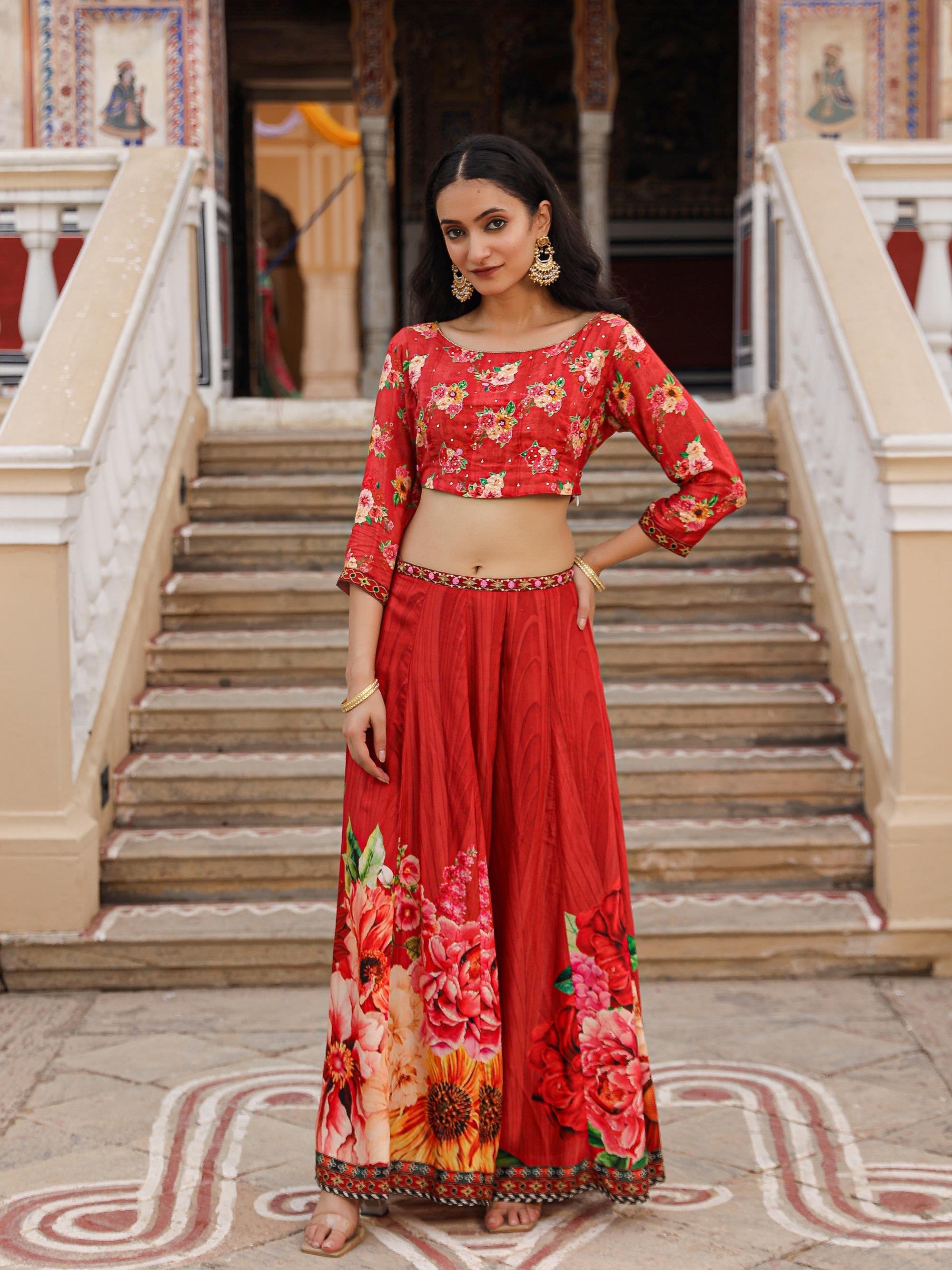 Juniper The Adah Rust Floral Printed Viscose Top & Skirt Set With Sequins & Thread Work