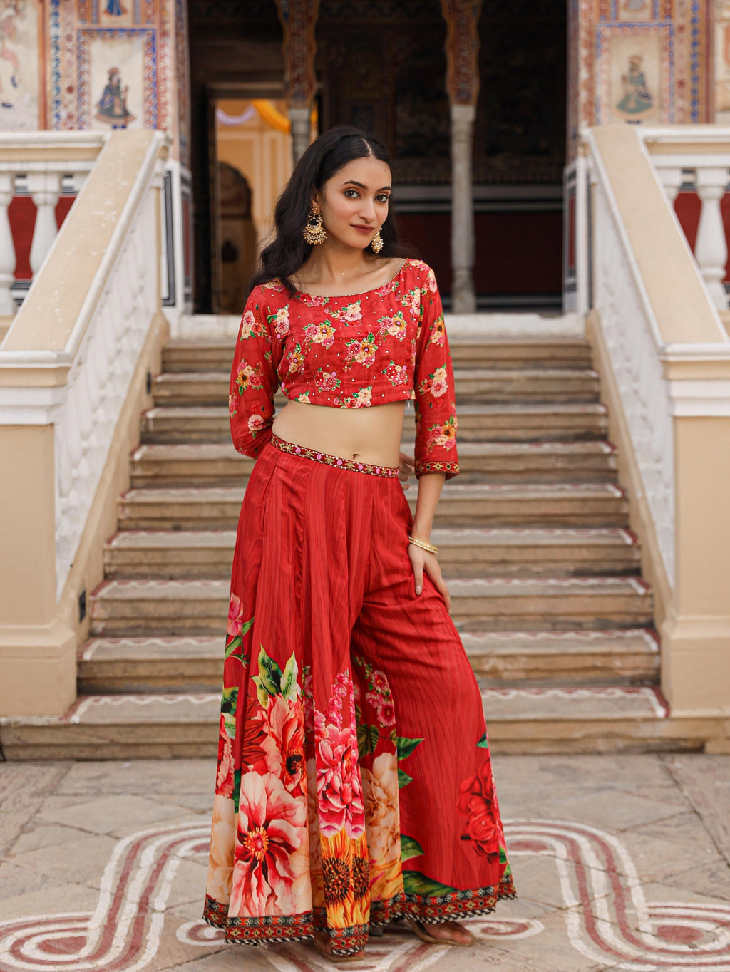 Juniper The Adah Rust Floral Printed Viscose Top & Skirt Set With Sequins & Thread Work