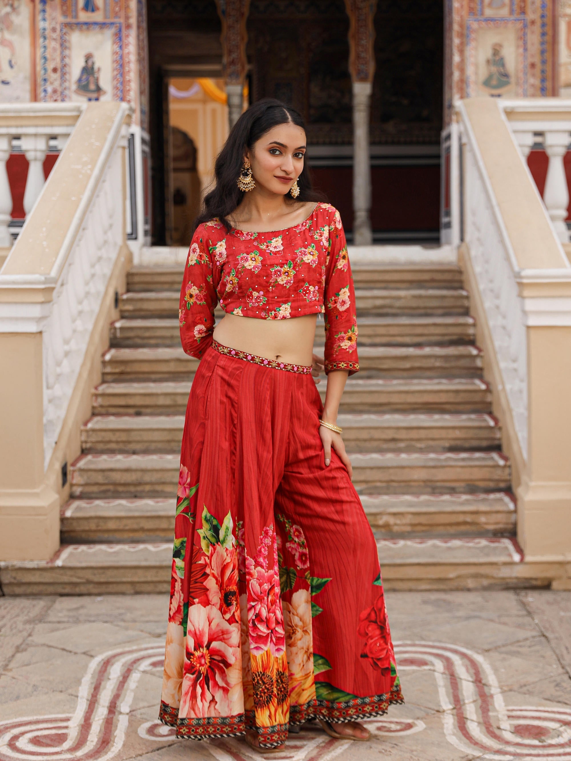 Juniper The Adah Rust Floral Printed Viscose Top & Skirt Set With Sequins & Thread Work