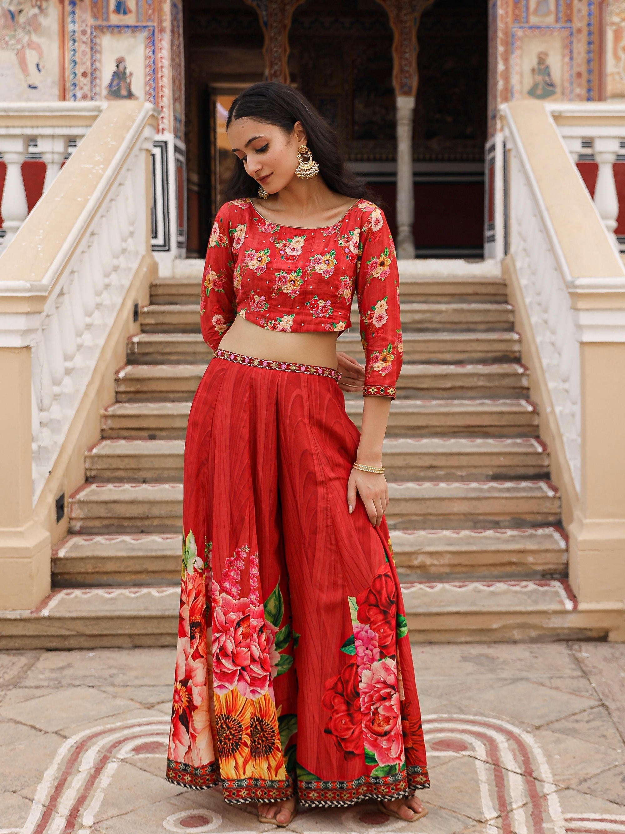 Juniper The Adah Rust Floral Printed Viscose Top & Skirt Set With Sequins & Thread Work