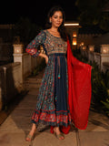 Juniper Women's Blue Viscose Rayon Printed Kurta Set