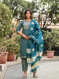 Juniper Women's Green Ethnic Motif Printed Cotton Kurta, Pant And Dupatta Set With Zari Work & Sequins