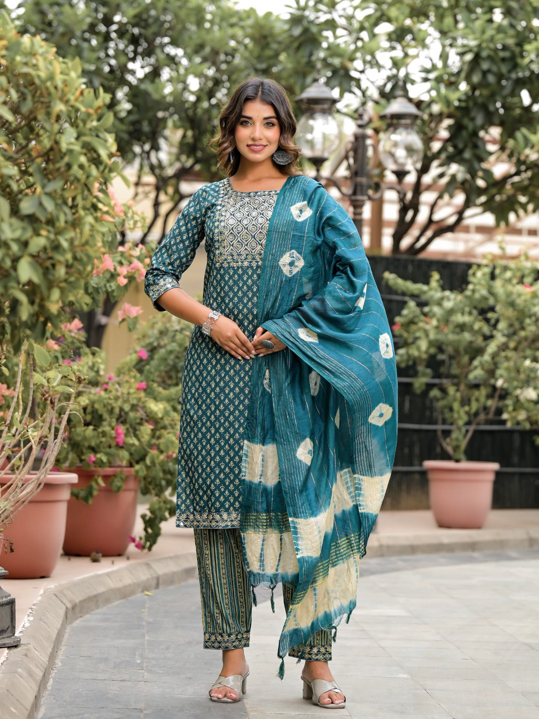 Juniper Women's Green Ethnic Motif Printed Cotton Kurta, Pant And Dupatta Set With Zari Work & Sequins