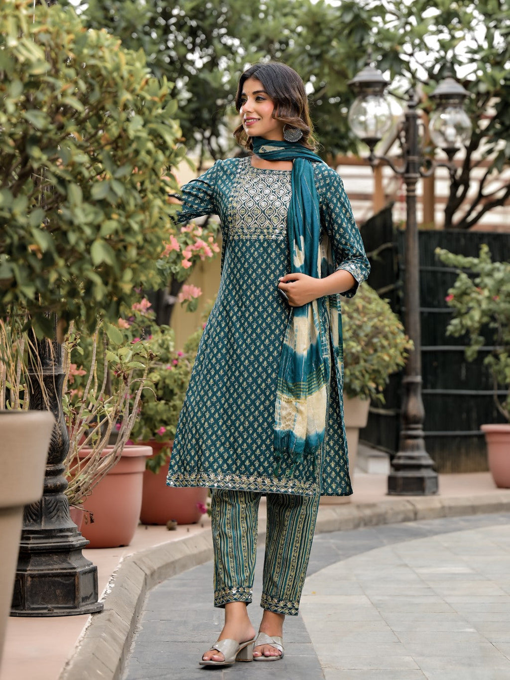 Juniper Women's Green Ethnic Motif Printed Cotton Kurta, Pant And Dupatta Set With Zari Work & Sequins
