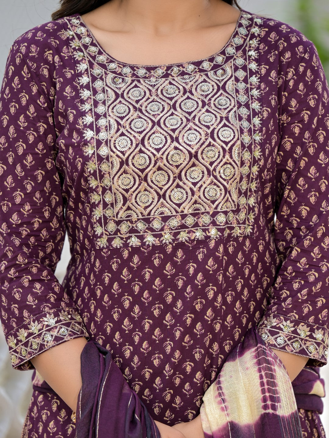 Juniper Women's Wine Ethnic Motif Printed Cotton Kurta, Pant And Dupatta Set With Zari Work & Sequins