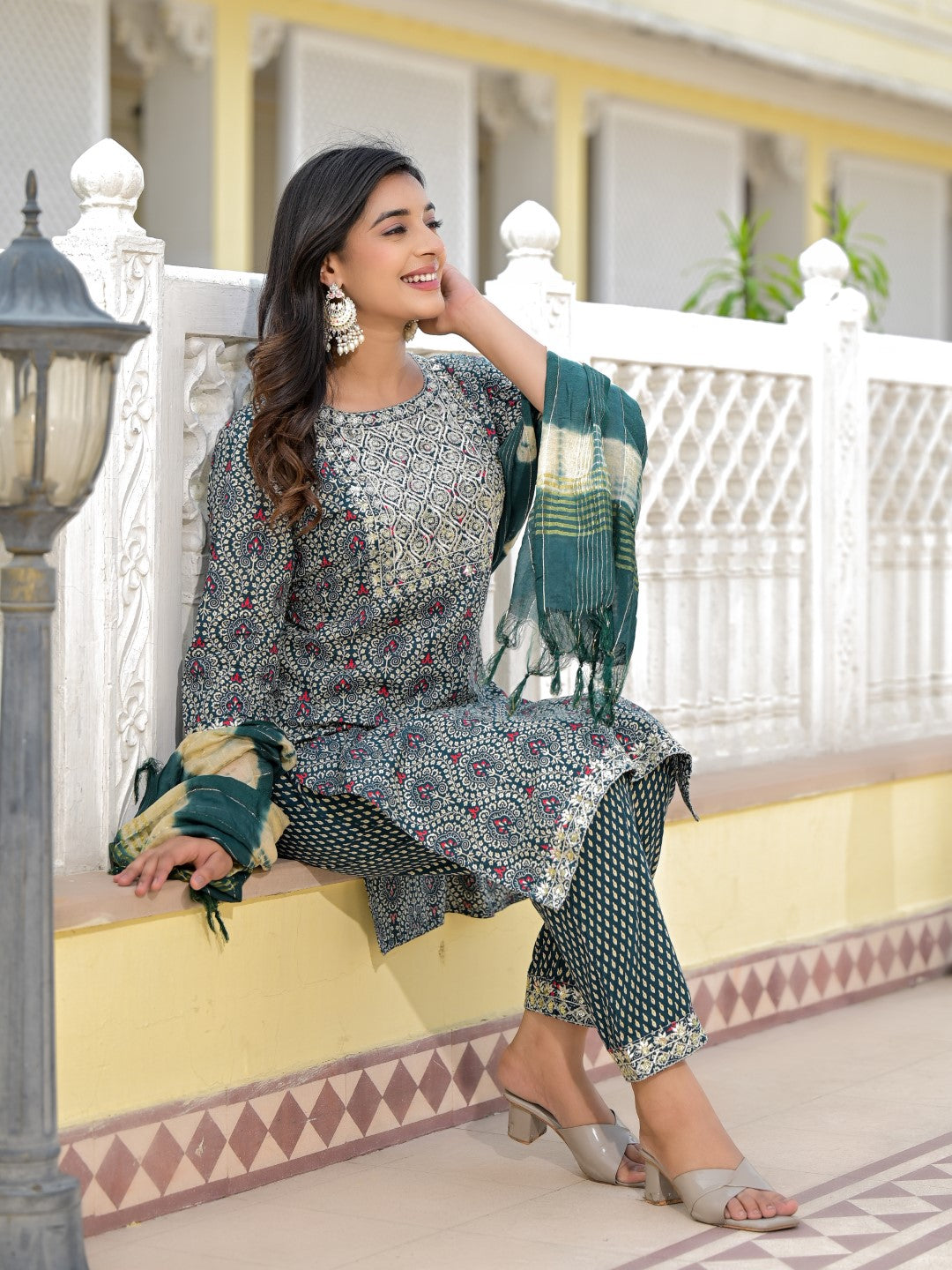 Juniper Women's Teal Ethnic Motif Printed Cotton Kurta, Pant And Dupatta Set With Zari Work & Sequins