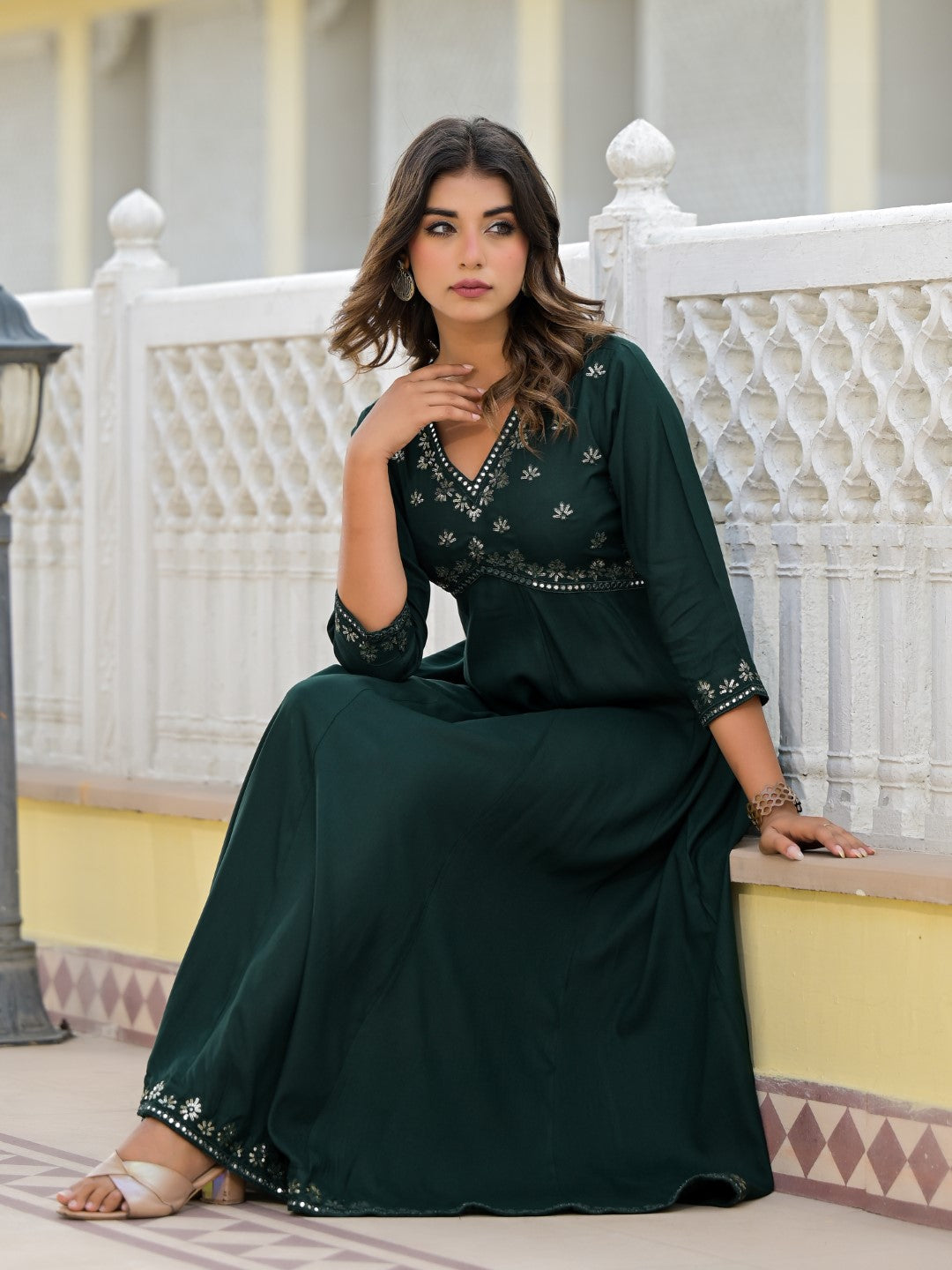 Juniper Women's Bottle Green Mirror Embroidered Liva Rayon Dress With Sequins
