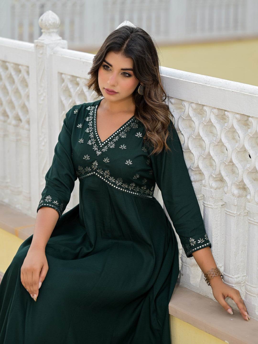 Juniper Women's Bottle Green Mirror Embroidered Liva Rayon Dress With Sequins