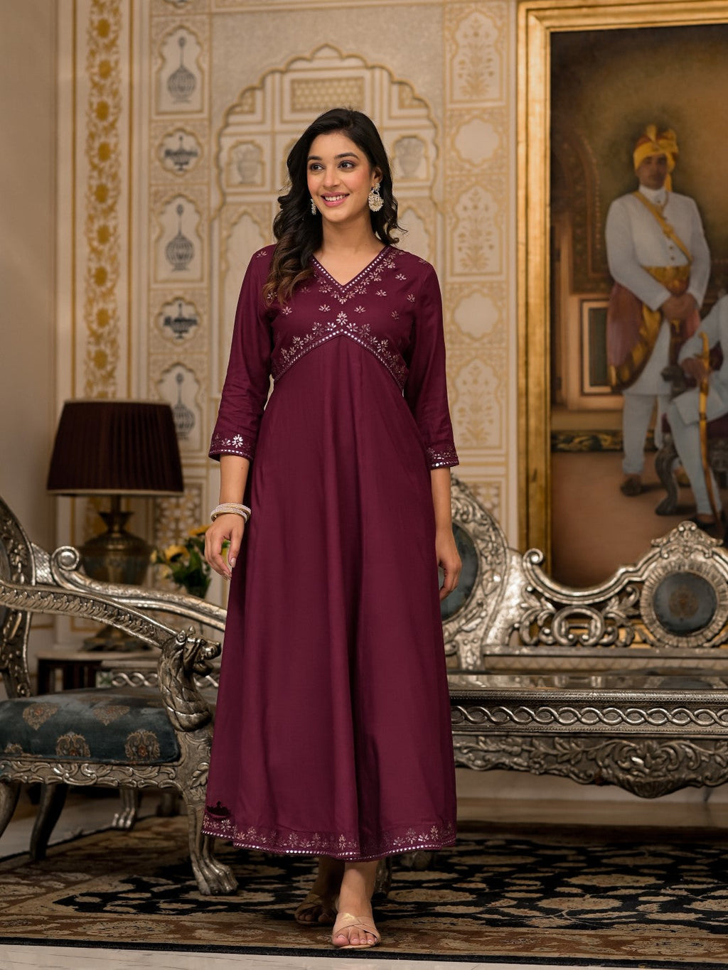 Juniper Women's Wine Mirror Embroidered Liva Rayon Dress For With Sequins