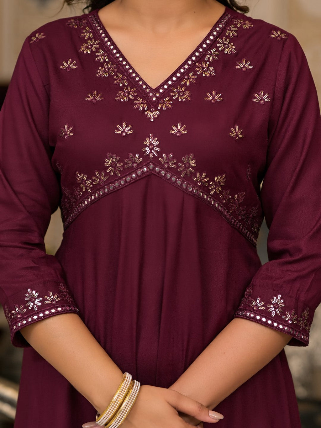 Juniper Women's Wine Mirror Embroidered Liva Rayon Dress For With Sequins