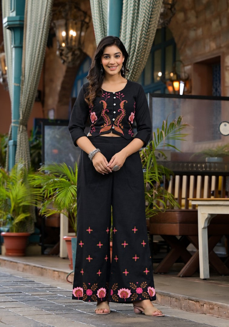 Juniper Women's Black Thread Embroidered Cotton Top & Palazzo Set With Button Detail