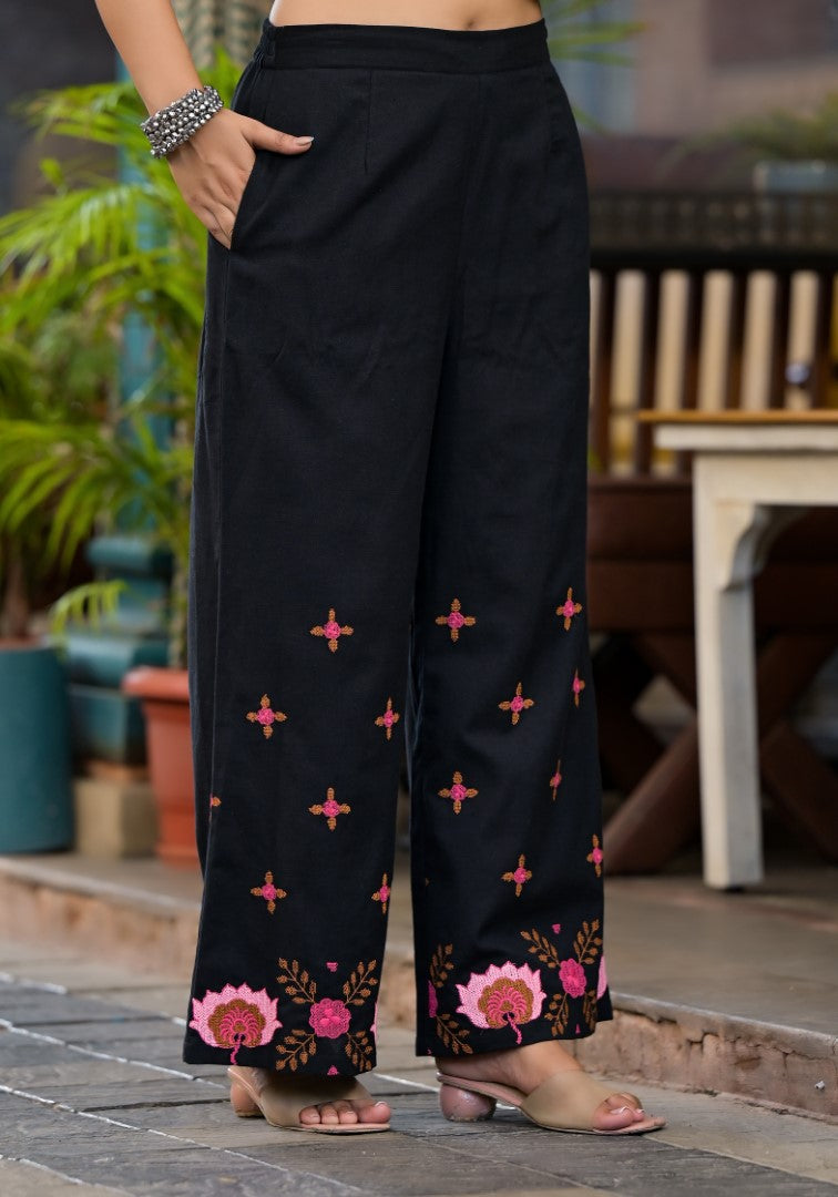 Juniper Women's Black Thread Embroidered Cotton Top & Palazzo Set With Button Detail