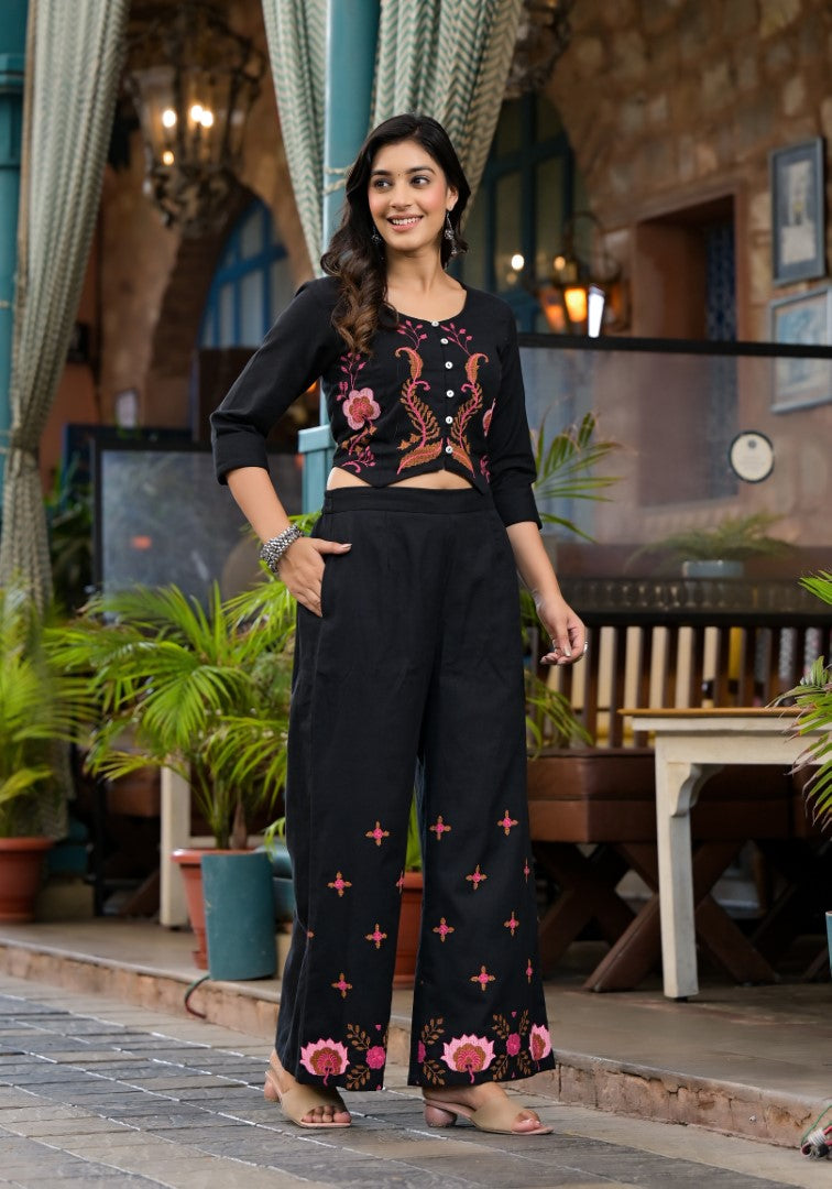 Juniper Women's Black Thread Embroidered Cotton Top & Palazzo Set With Button Detail