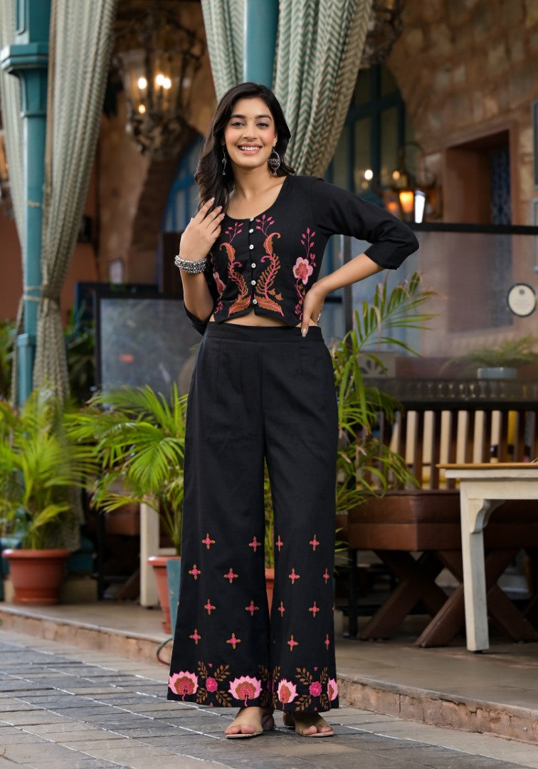 Juniper Women's Black Thread Embroidered Cotton Top & Palazzo Set With Button Detail