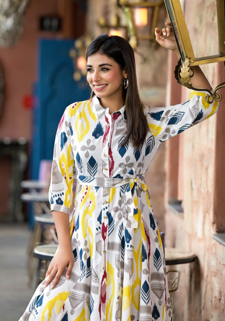Juniper Women's Yellow Ikat Printed Liva Rayon Dress With Tie-Ups & Button Closure