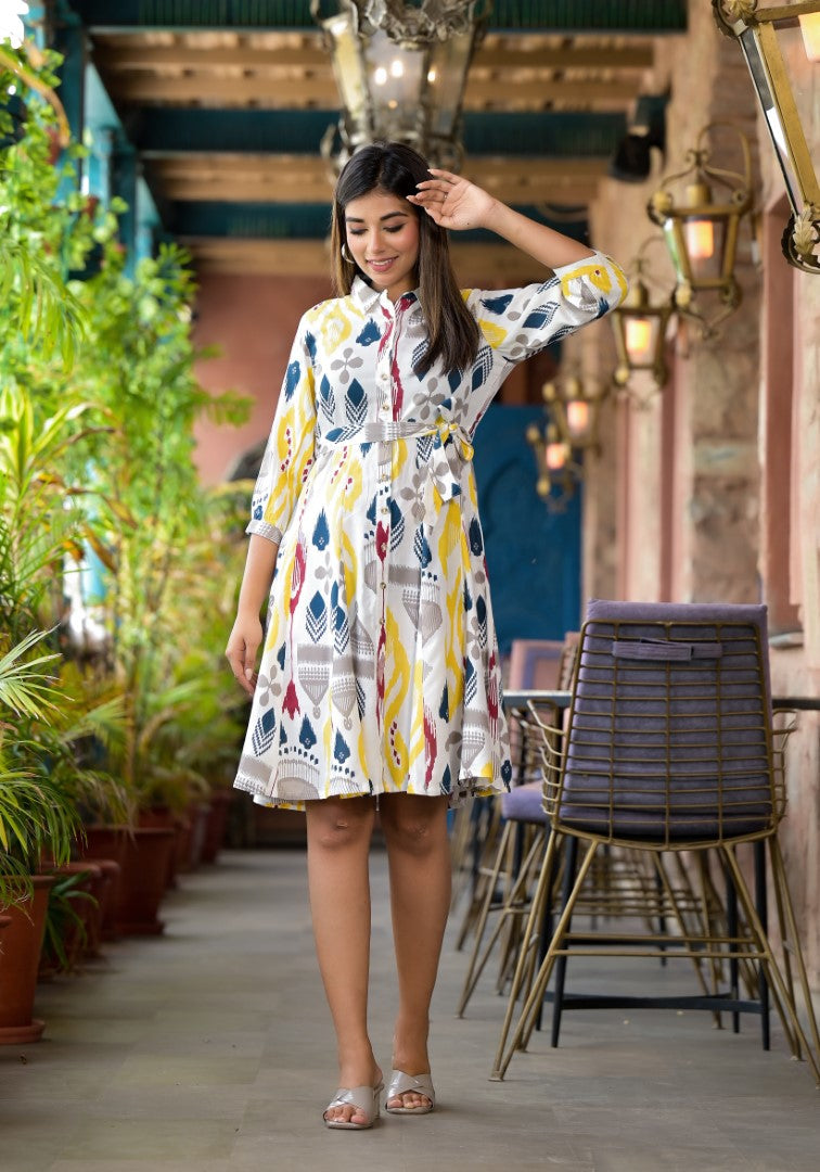 Juniper Women's Yellow Ikat Printed Liva Rayon Dress With Tie-Ups & Button Closure