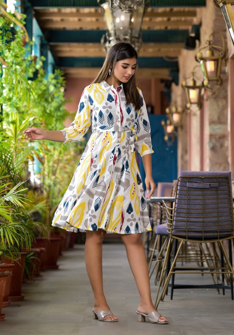 Juniper Women's Yellow Ikat Printed Liva Rayon Dress With Tie-Ups & Button Closure