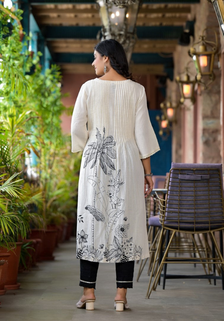 Juniper Women's Natural Floral Printed Kurta With Buttons & Lace