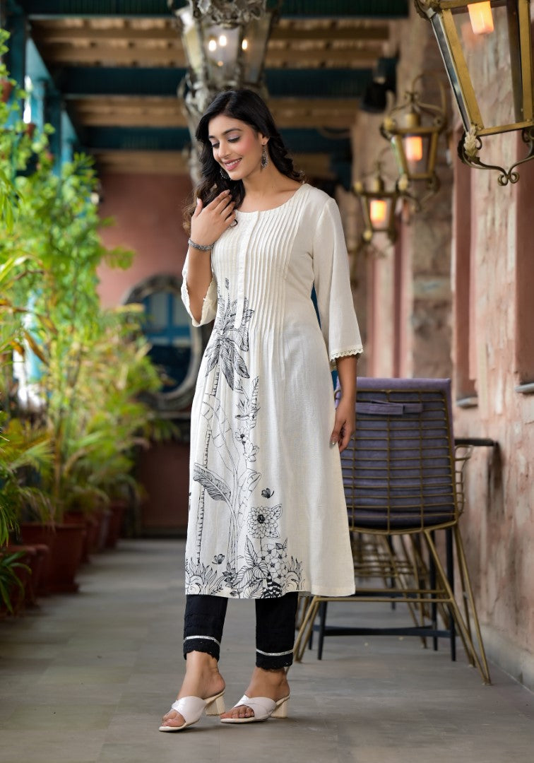 Juniper Women's Natural Floral Printed Kurta With Buttons & Lace