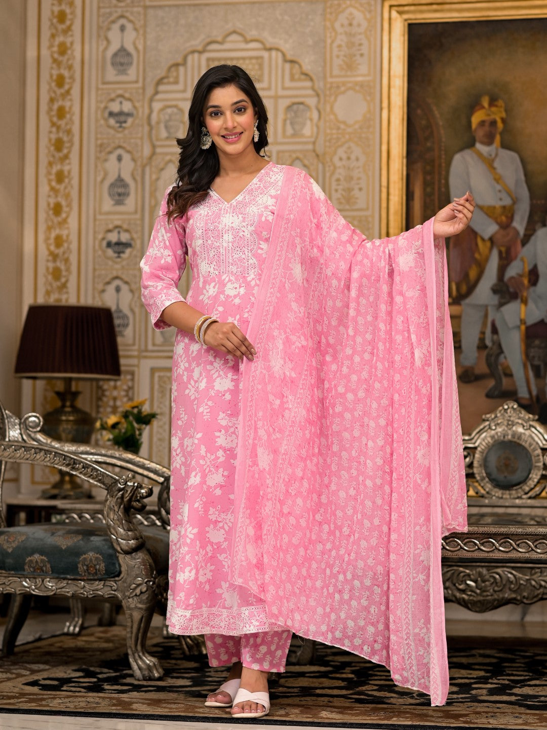 Juniper Women's Pink Floral Printed Rayon Kurta, Pant And Dupatta Set With Thread & Sequins Work