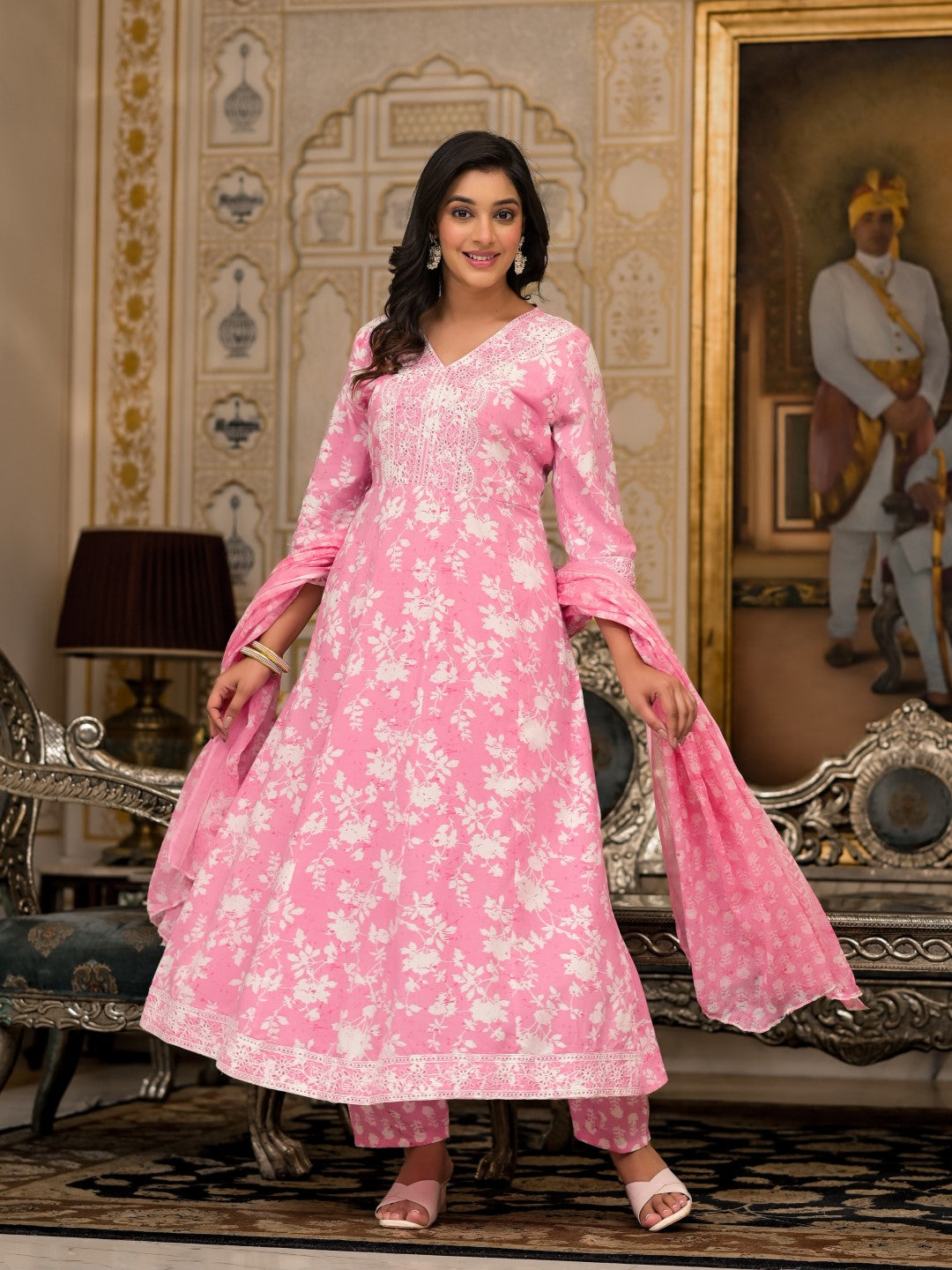 Juniper Women's Pink Floral Printed Rayon Kurta, Pant And Dupatta Set With Thread & Sequins Work