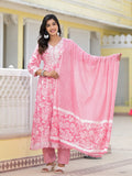 Juniper Women's Pink Floral Printed Rayon Kurta, Pant And Dupatta Set With Thread & Sequins Work