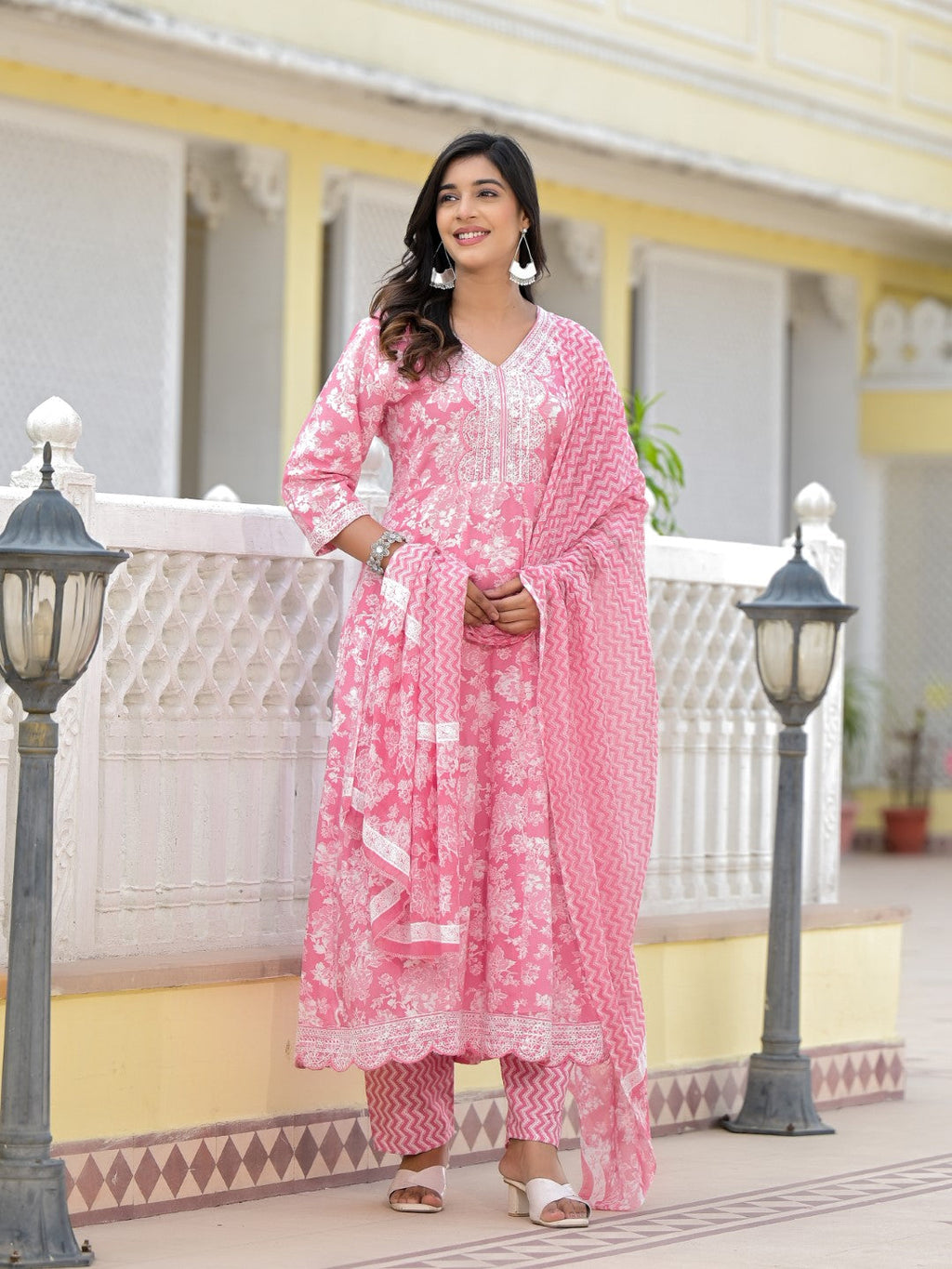Juniper Women's Pink Floral Printed Rayon Kurta, Pant And Dupatta Set With Thread & Sequins Work