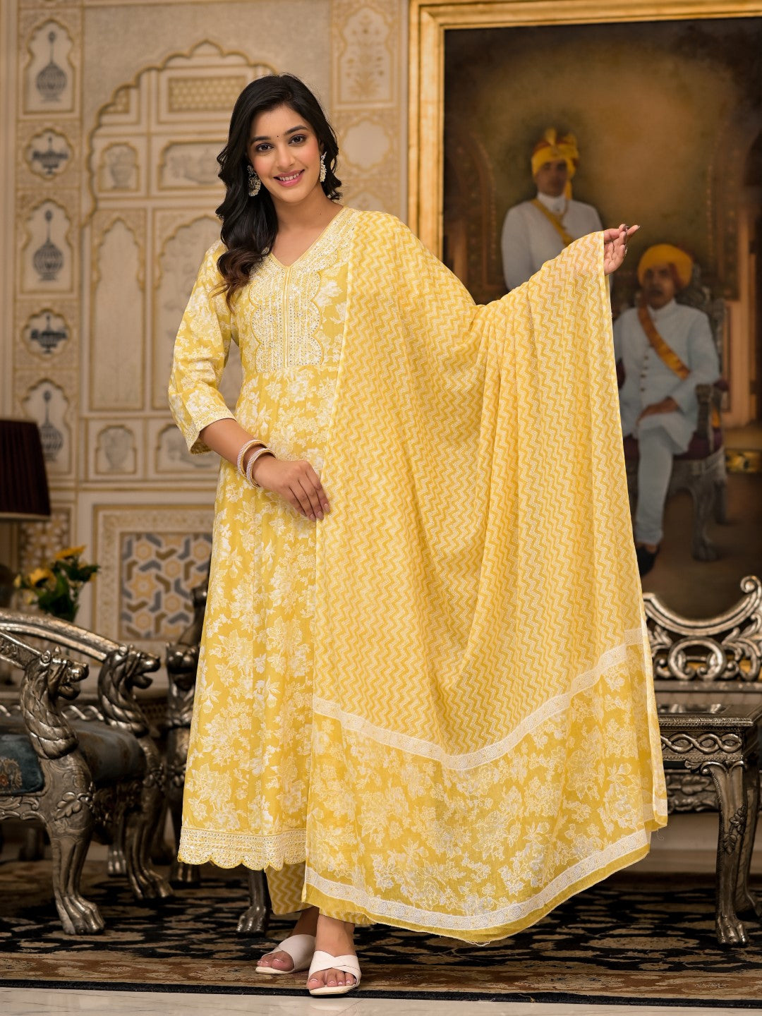 Juniper Women's Yellow Floral Printed Rayon Kurta With Pant And Dupatta With Thread & Sequins Work