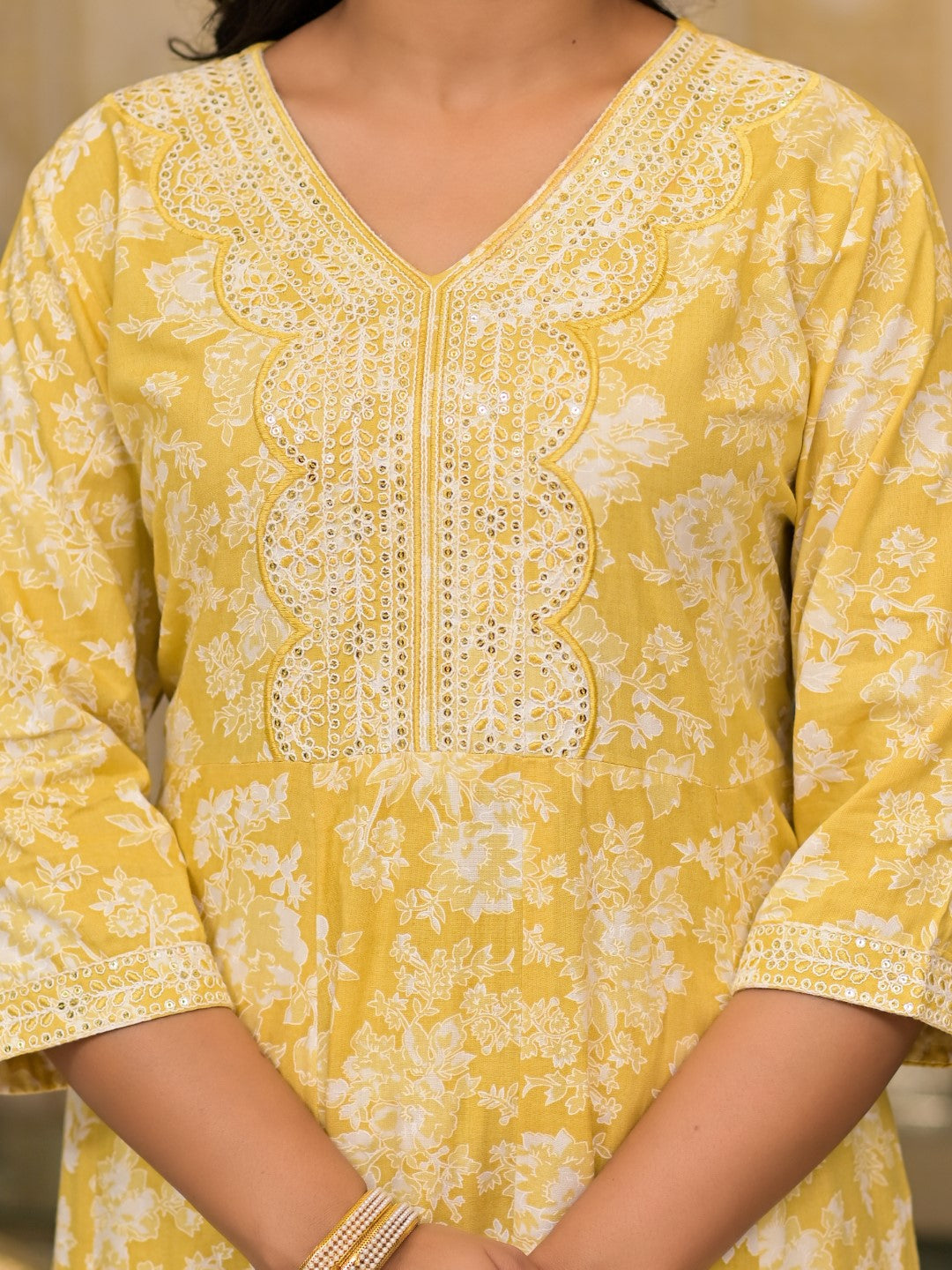 Juniper Women's Yellow Floral Printed Rayon Kurta With Pant And Dupatta With Thread & Sequins Work