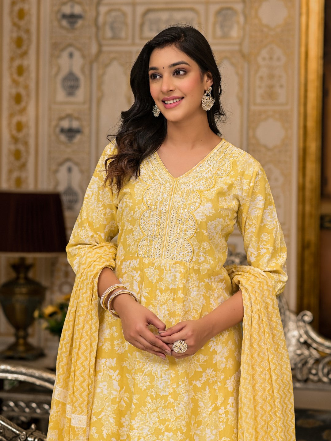 Juniper Women's Yellow Floral Printed Rayon Kurta With Pant And Dupatta With Thread & Sequins Work