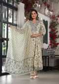 Juniper Women's Grey Floral Printed Rayon Kurta, Pant And Dupatta Set With Mirror & Thread Work