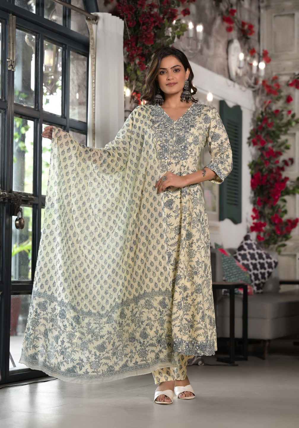 Juniper Women's Grey Floral Printed Rayon Kurta, Pant And Dupatta Set With Mirror & Thread Work