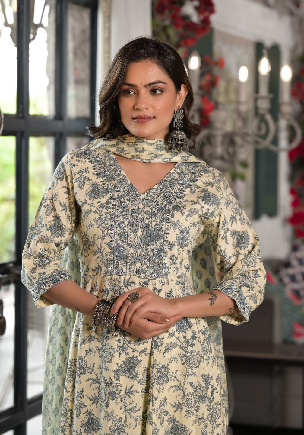Juniper Women's Grey Floral Printed Rayon Kurta, Pant And Dupatta Set With Mirror & Thread Work