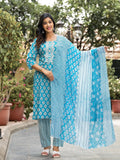 Juniper Women's Blue Ethnic Motif Printed Cotton Kurta, Pant And Dupatta Set With Zari Work