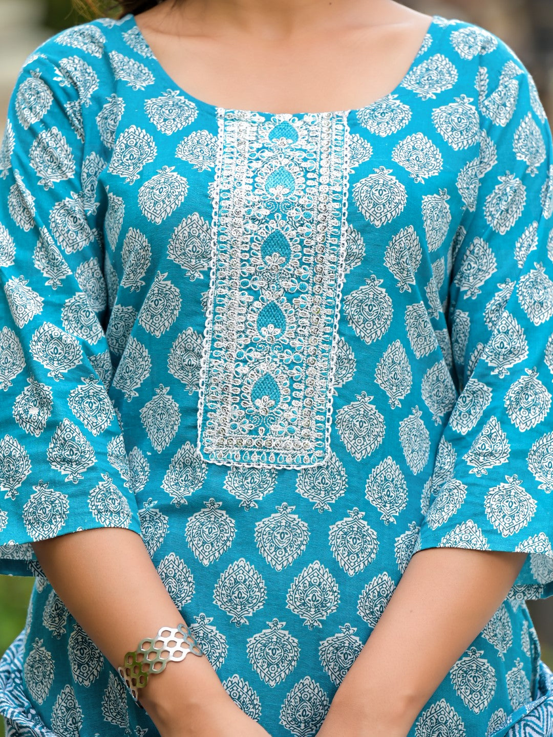 Juniper Women's Blue Ethnic Motif Printed Cotton Kurta, Pant And Dupatta Set With Zari Work