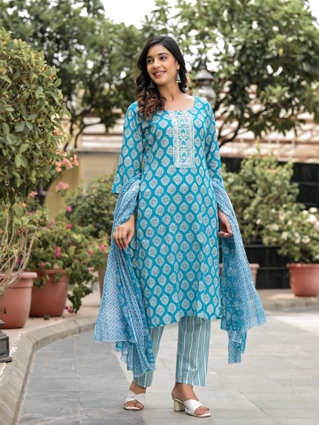 Juniper Women's Blue Ethnic Motif Printed Cotton Kurta, Pant And Dupatta Set With Zari Work