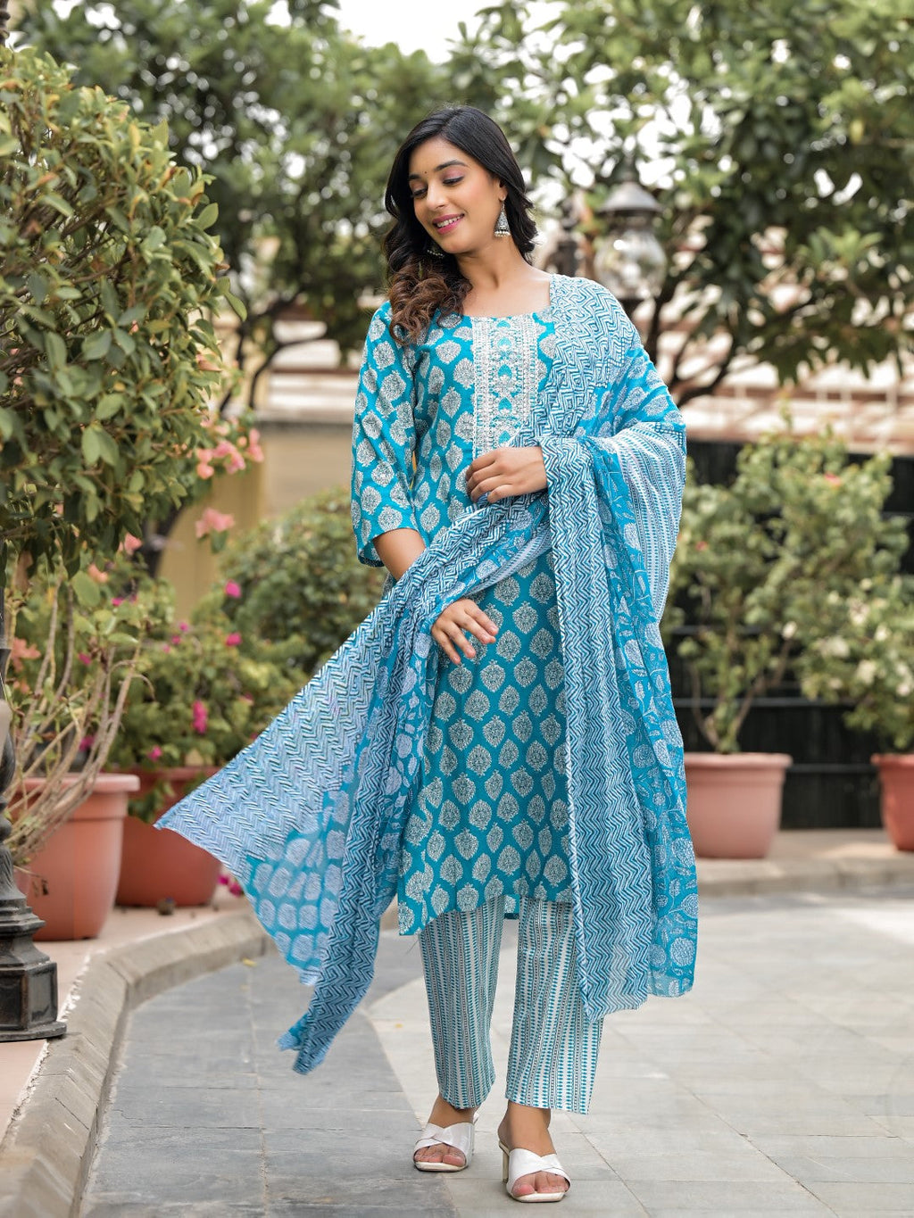 Juniper Women's Blue Ethnic Motif Printed Cotton Kurta, Pant And Dupatta Set With Zari Work