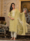 Juniper Women's Green Ethnic Motif Printed Cotton Kurta, Pant And Dupatta Set With Thread & Mirror Work