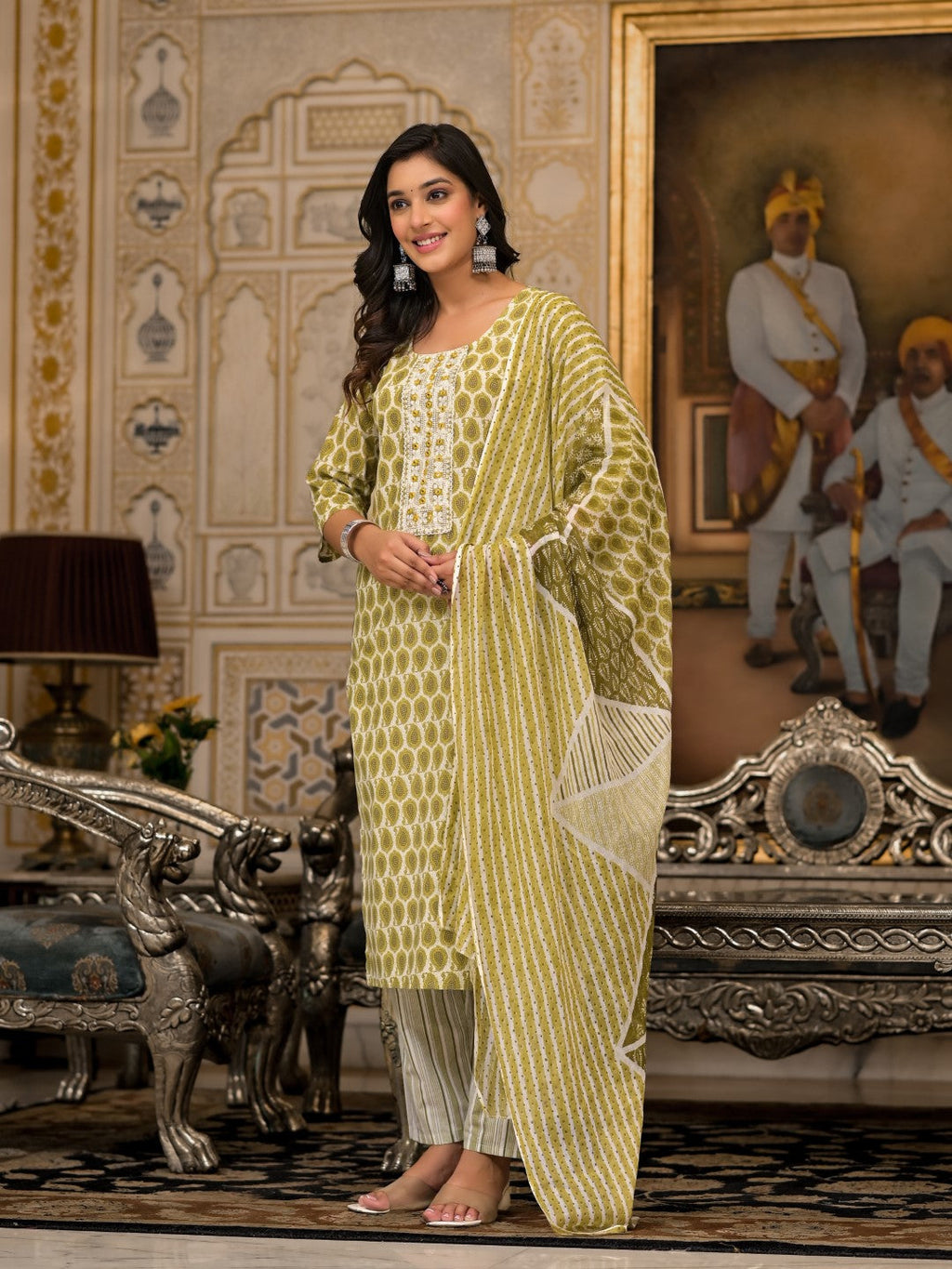 Juniper Women's Green Ethnic Motif Printed Cotton Kurta, Pant And Dupatta Set With Thread & Mirror Work