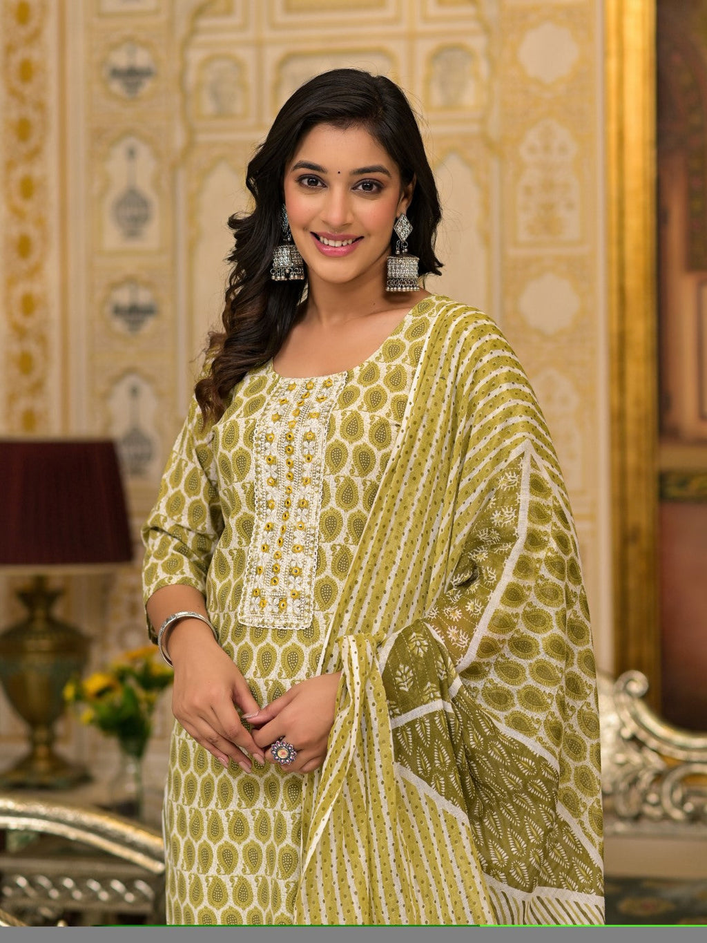 Juniper Women's Green Ethnic Motif Printed Cotton Kurta, Pant And Dupatta Set With Thread & Mirror Work