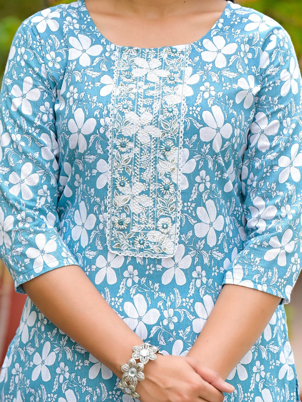 Juniper Women's Blue Floral Printed Cotton Kurta, Pant And Dupatta Set With Thread & Mirror Work